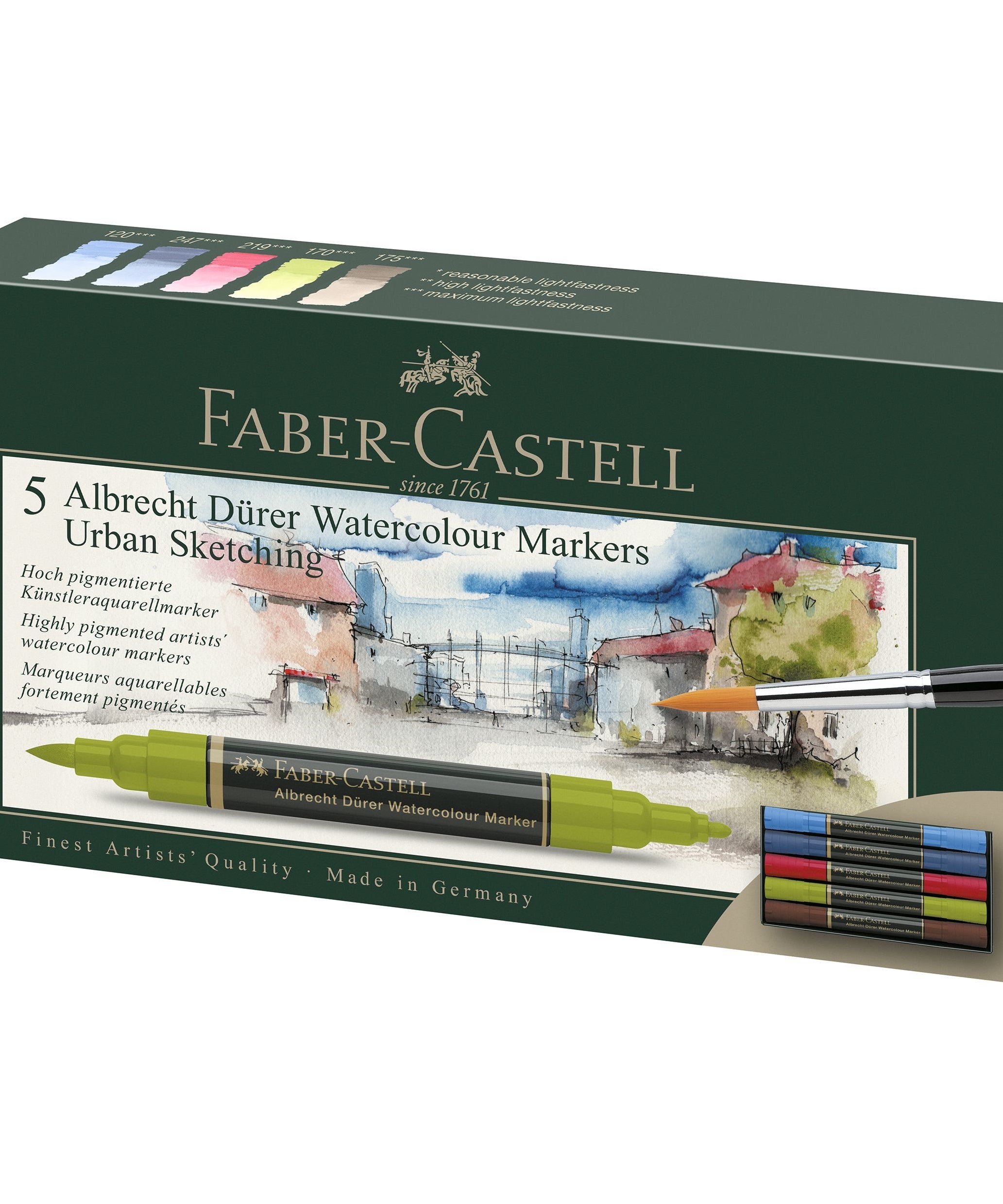 Markere acuarelabile cu varf tip pensula set 5 culori sketching A. Durer Faber-Castell