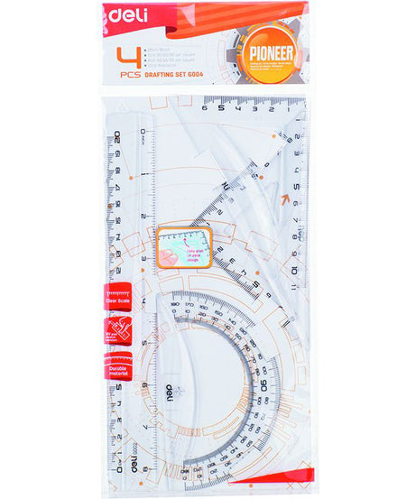 Set geometrie 4 piese transparente cu rigla de 20cm Deli