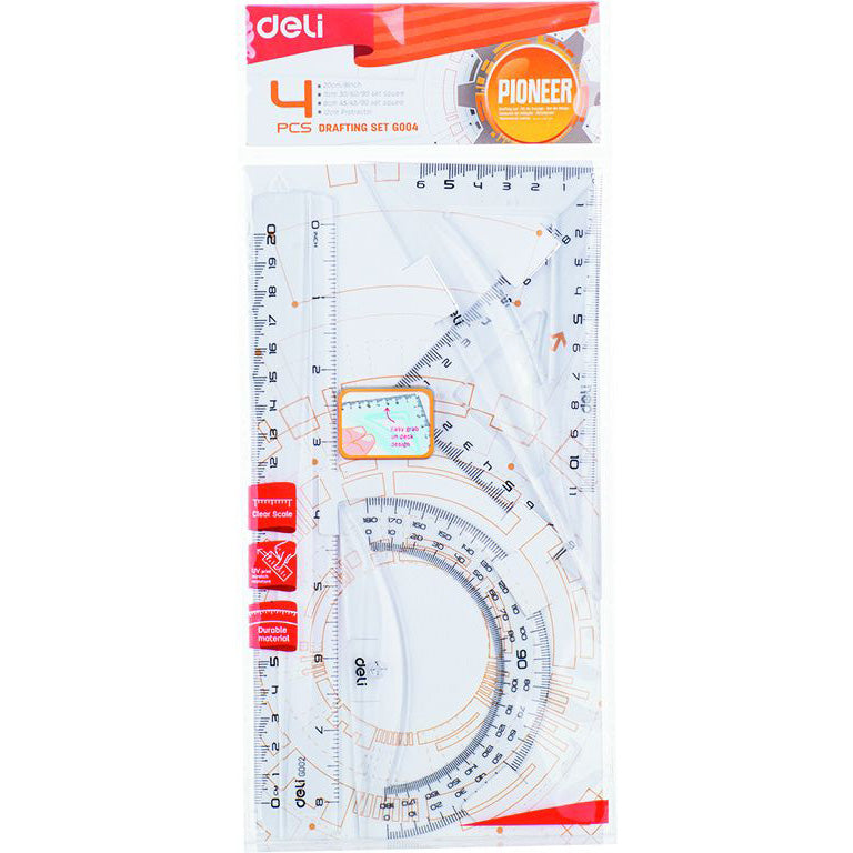 Set geometrie 4 piese transparente cu rigla de 20cm Deli