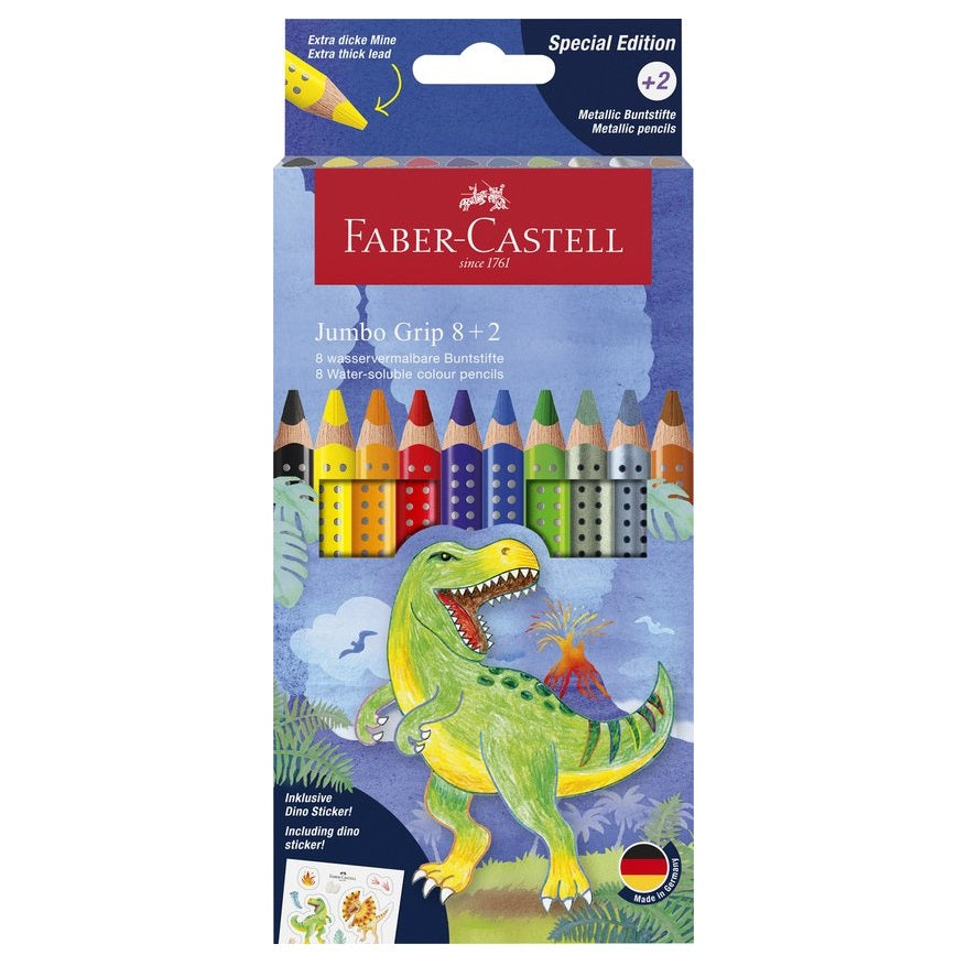 Creioane colorate 8+2 culori jumbo grip dinozauri Faber-Castell