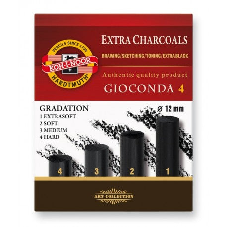 Set cărbune negru Gioconda – 4 batoane, durități variate, 12 mm x 75 mm