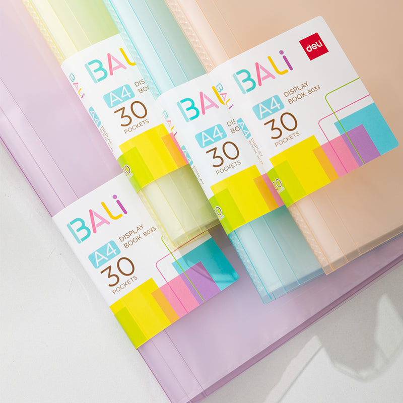 Mapa prezentare Bali Deli cu 30 de folii, copertă rigidă și culori pastel, ideală pentru organizarea documentelor, prezentări profesionale sau proiecte școlare, design elegant și durabil, mapă practică pentru birou, școală sau acasă, organizator de documente de calitate premium.