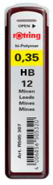 Mine Rotring 0.35 pentru creion mecanic, rezerve grafit ultra-fine de înaltă precizie, ideale pentru desen tehnic, arhitectură și scris detaliat. Minele Rotring asigură trasare uniformă, rezistență excelentă la rupere și linie clară. Compatibile cu toate portminele Rotring și alte creioane mecanice standard.