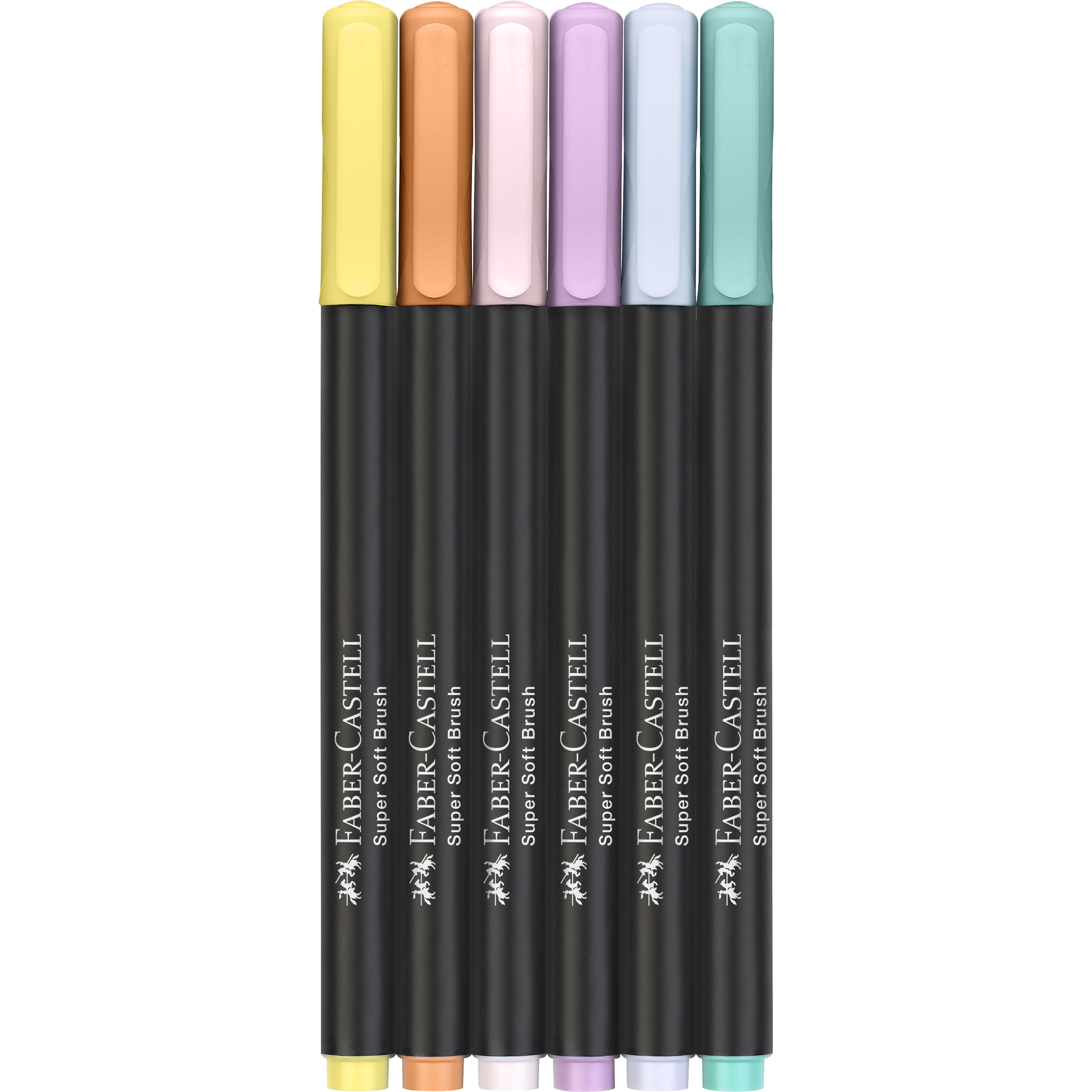 Set 6 brush pens Faber-Castell Black Edition în culori pastel, markere cu vârf pensulă pentru desen artistic, caligrafie, lettering și ilustrație. Brush pens Faber-Castell oferă culori intense, aplicare uniformă și control excelent, ideale pentru artiști, elevi și pasionați de artă.