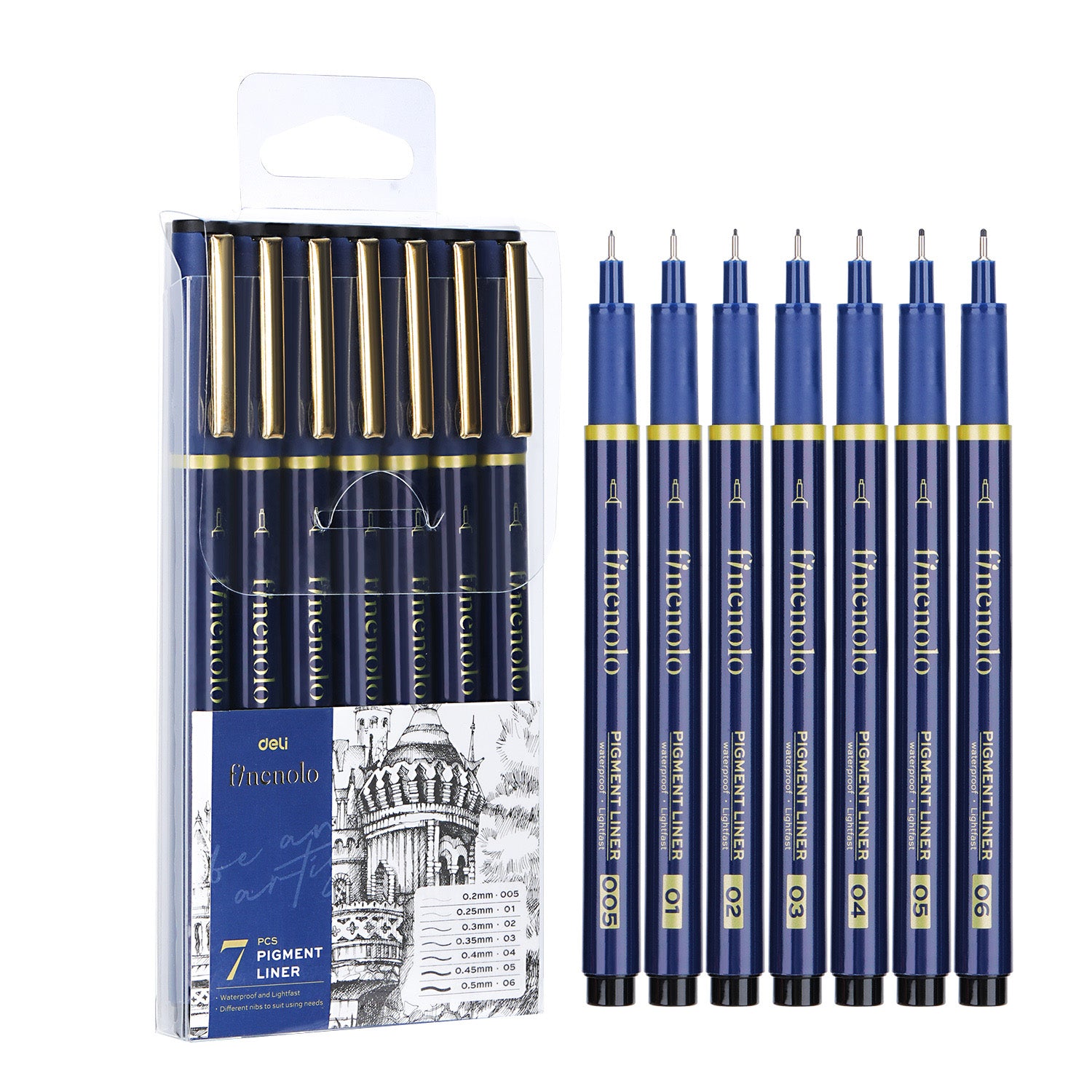 Set 7 bucăți liner grafic Deli 0.2 mm, 0.25 mm, 0.3 mm, 0.35 mm, 0.4 mm, 0.45 mm și 0.5 mm, markere tehnice profesionale pentru desen, arhitectură, ilustrație și design. Liner grafic Deli cu vârf fin oferă cerneală de calitate, linii precise și uniformitate excelentă pentru artiști și tehnicieni.