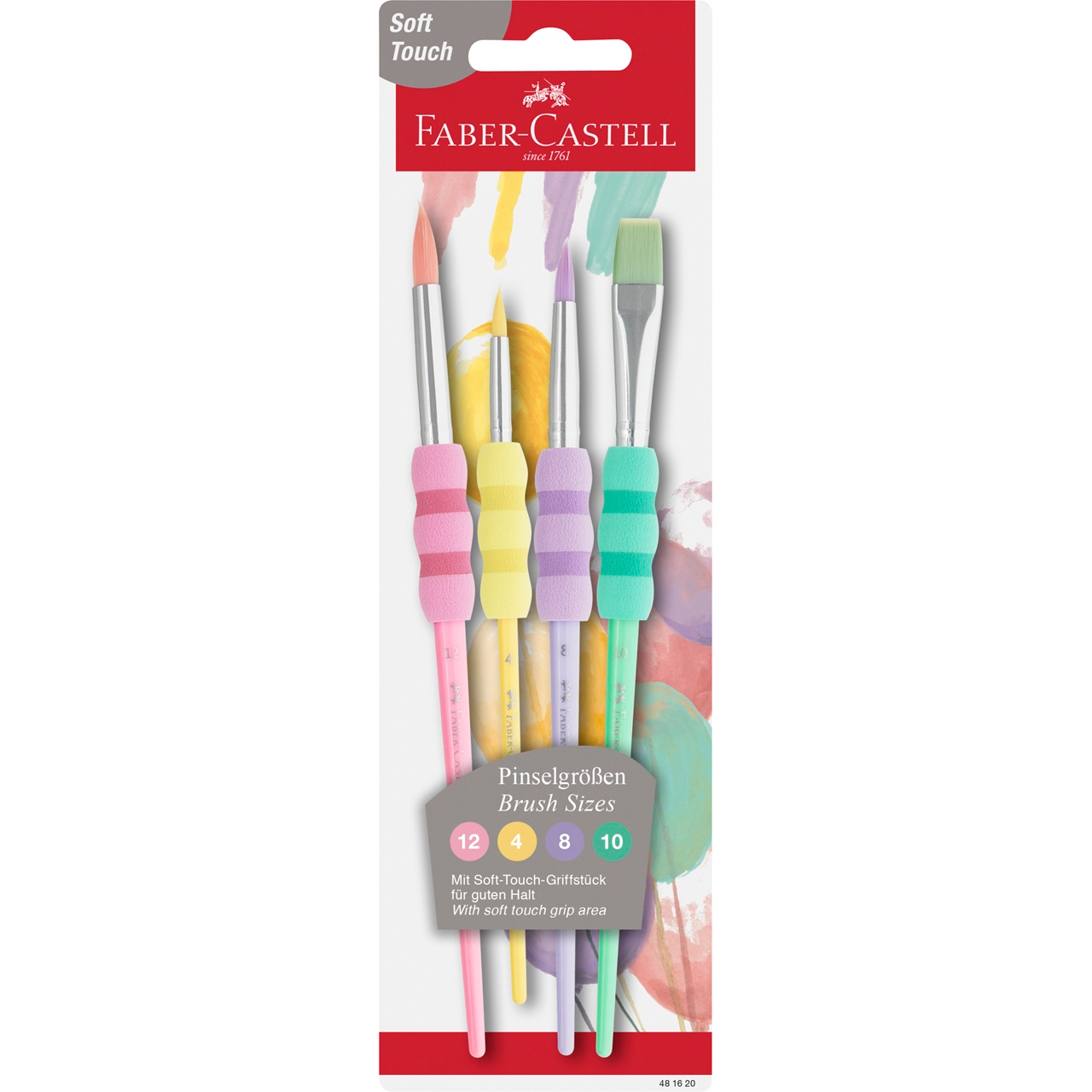 Set 4 pensule Faber-Castell Soft Touch Pastel, realizate cu mâner ergonomic și peri de calitate, ideale pentru pictură în acuarelă, acrilic și tempera. Pensulele sunt potrivite pentru artiști, elevi și pasionați de artă handmade, oferind precizie și confort în utilizare.