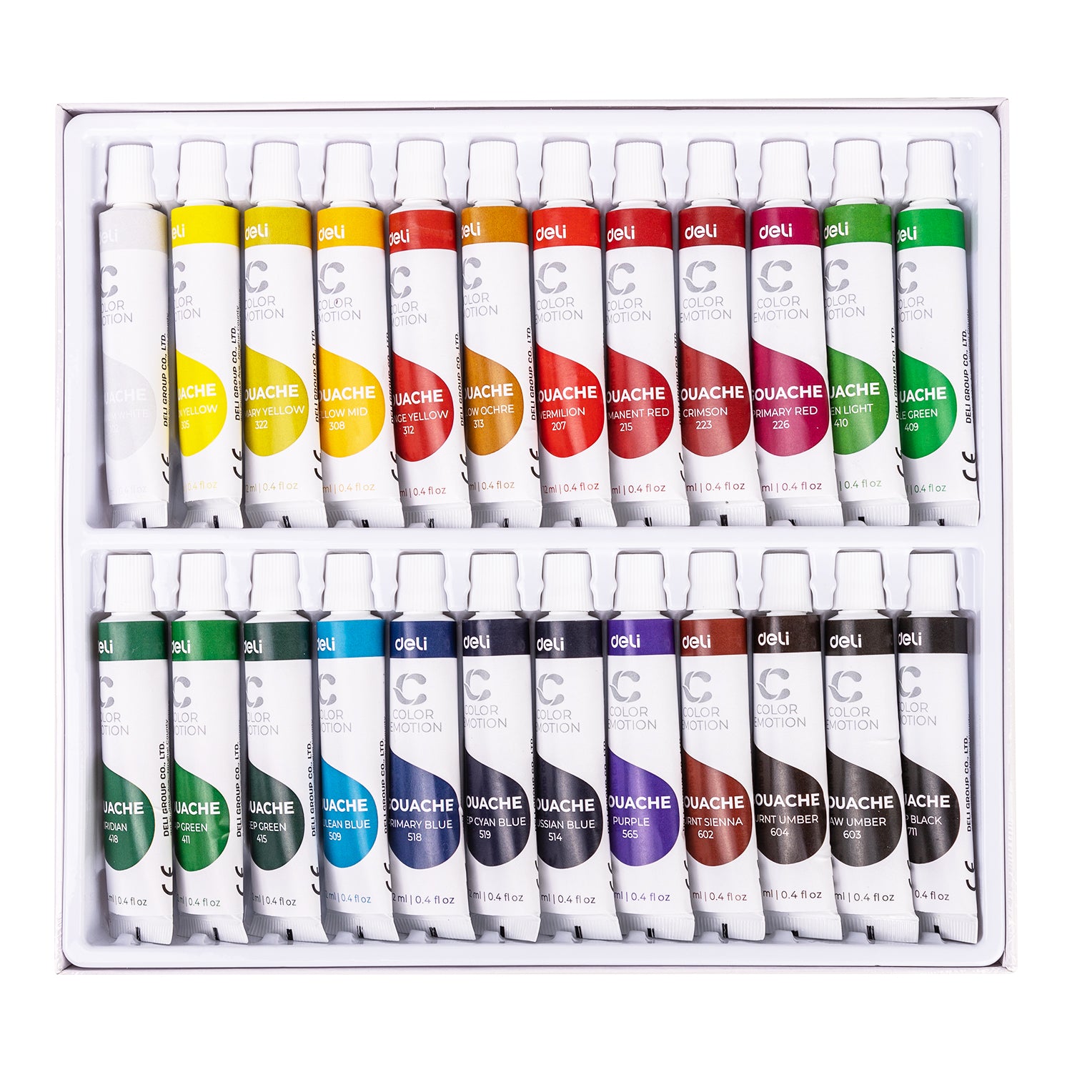 Set de tempera Deli cu 24 culori vibrante, fiecare tub de 24ml, ideal pentru pictura creativa, proiecte scolare, hobby sau birou, culori intense si usor de aplicat si amestecat, potrivit pentru incepatori si artisti profesionisti, set complet pentru desen, proiecte artistice si activitati creative.