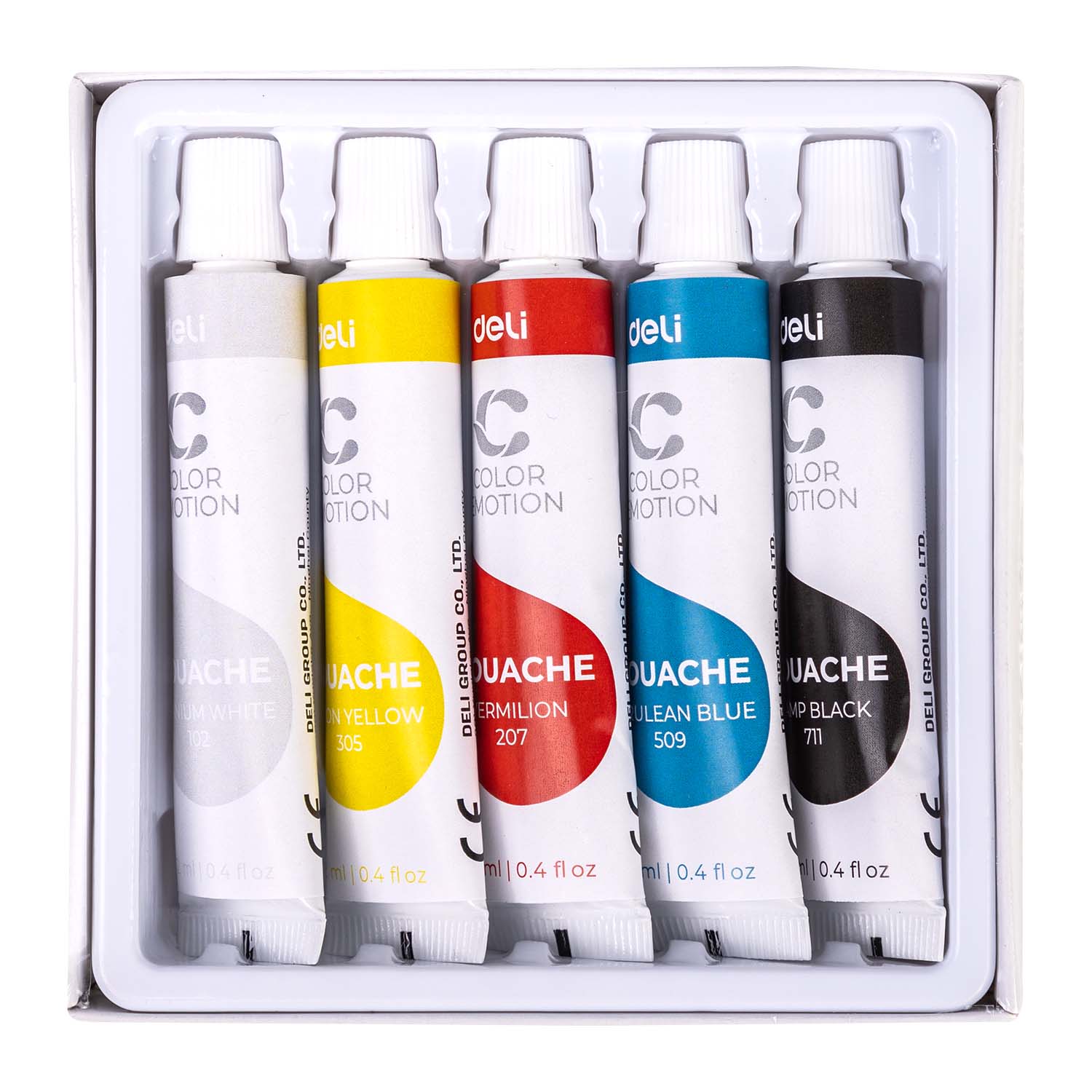 Set de tempera Deli cu 5 culori vibrante, fiecare tub de 12ml, ideal pentru pictură creativă, proiecte școlare, birou sau hobby, culori intense și ușor de aplicat, potrivit pentru începători și activități artistice, set compact și practic pentru desen și proiecte creative.