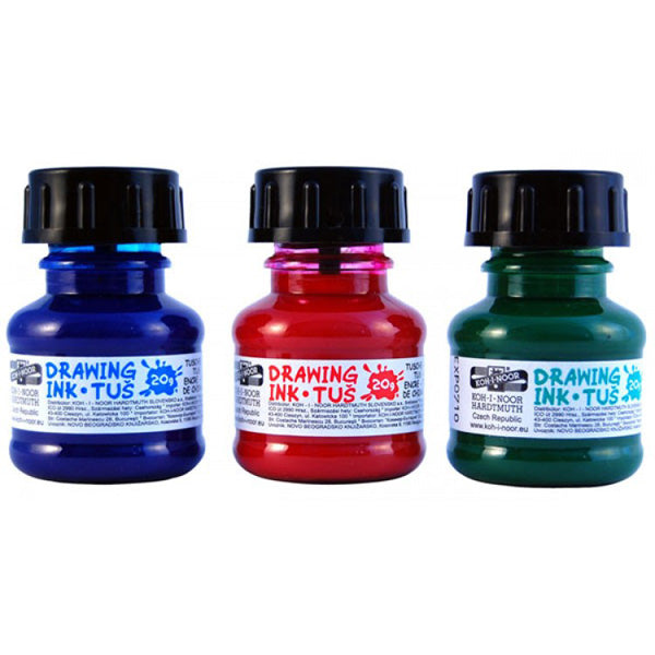 Tuș de desen Koh-I-Noor pentru artiști. Rezistent la apă după uscare, perfect pentru peniță, pensulă sau trăgător. Disponibil în flacoane de 20g.