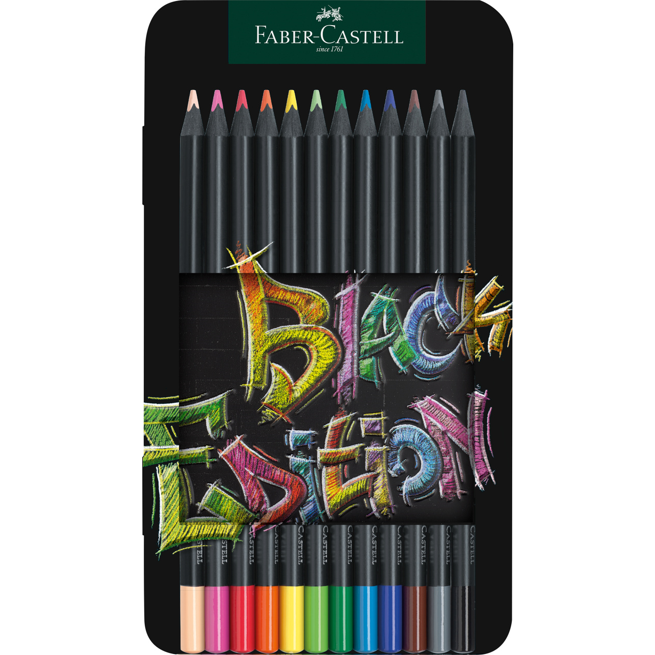Acuarella - culori acrilice, accesorii papetarie, pensule, carioci si markere etc - Creioane colorate set 12 culori Black Edition cutie metal Faber-Castell din categoria , ideal pentru scoala si teme zilnice, pret avantajos in magazin online