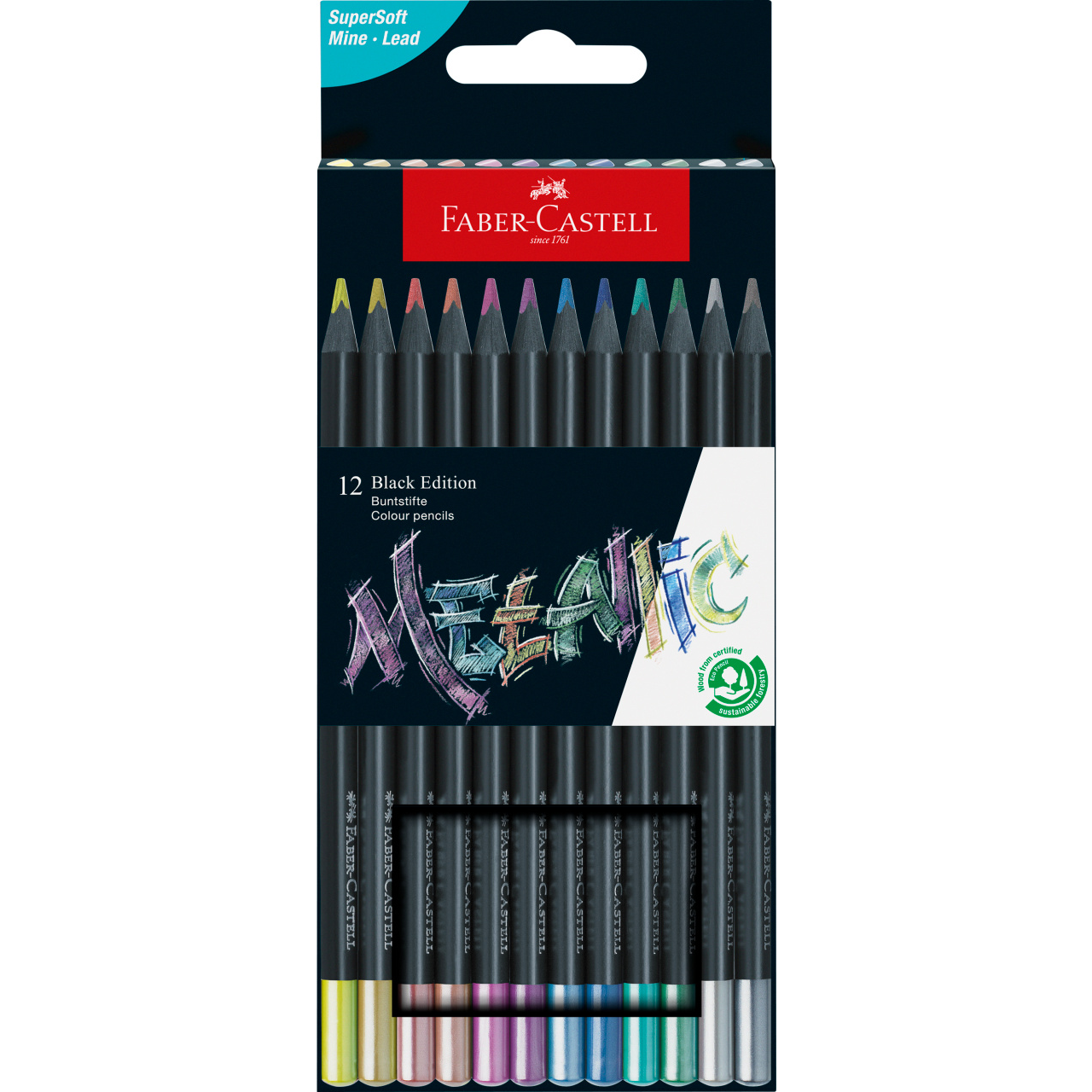 Acuarella - culori acrilice, accesorii papetarie, pensule, carioci si markere etc - Creioane colorate set 12 culori metalizate Black Edition Faber-Castell din categoria , excelent pentru proiecte artistice si craft, alegere inspirata pentru papetarie moderna
