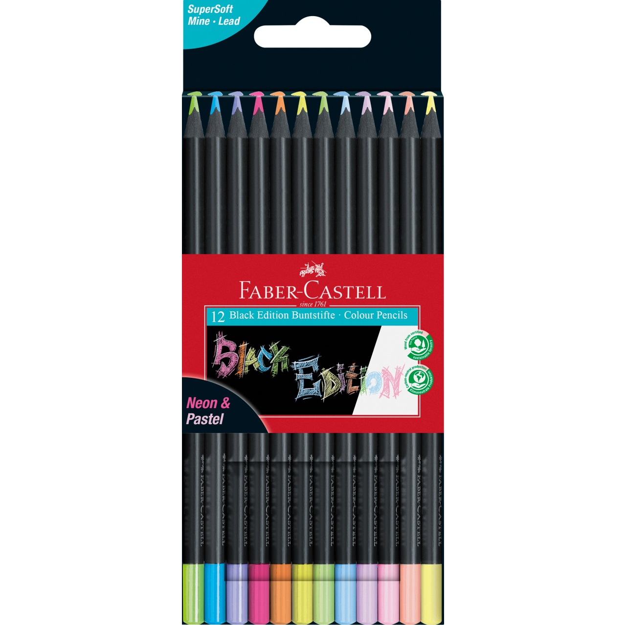 Creioane colorate set 12 culori pastel si neon Black Edition Faber-Castell