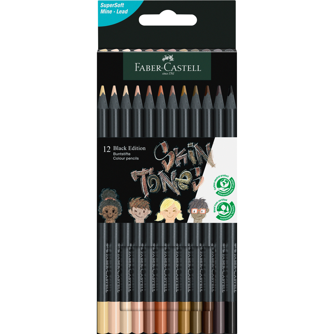 Acuarella - culori acrilice, accesorii papetarie, pensule, carioci si markere etc - Creioane colorate set 12 culori skin tones Black Edition Faber-Castell din categoria , util pentru elevi, studenti si profesori, produs original disponibil din stoc