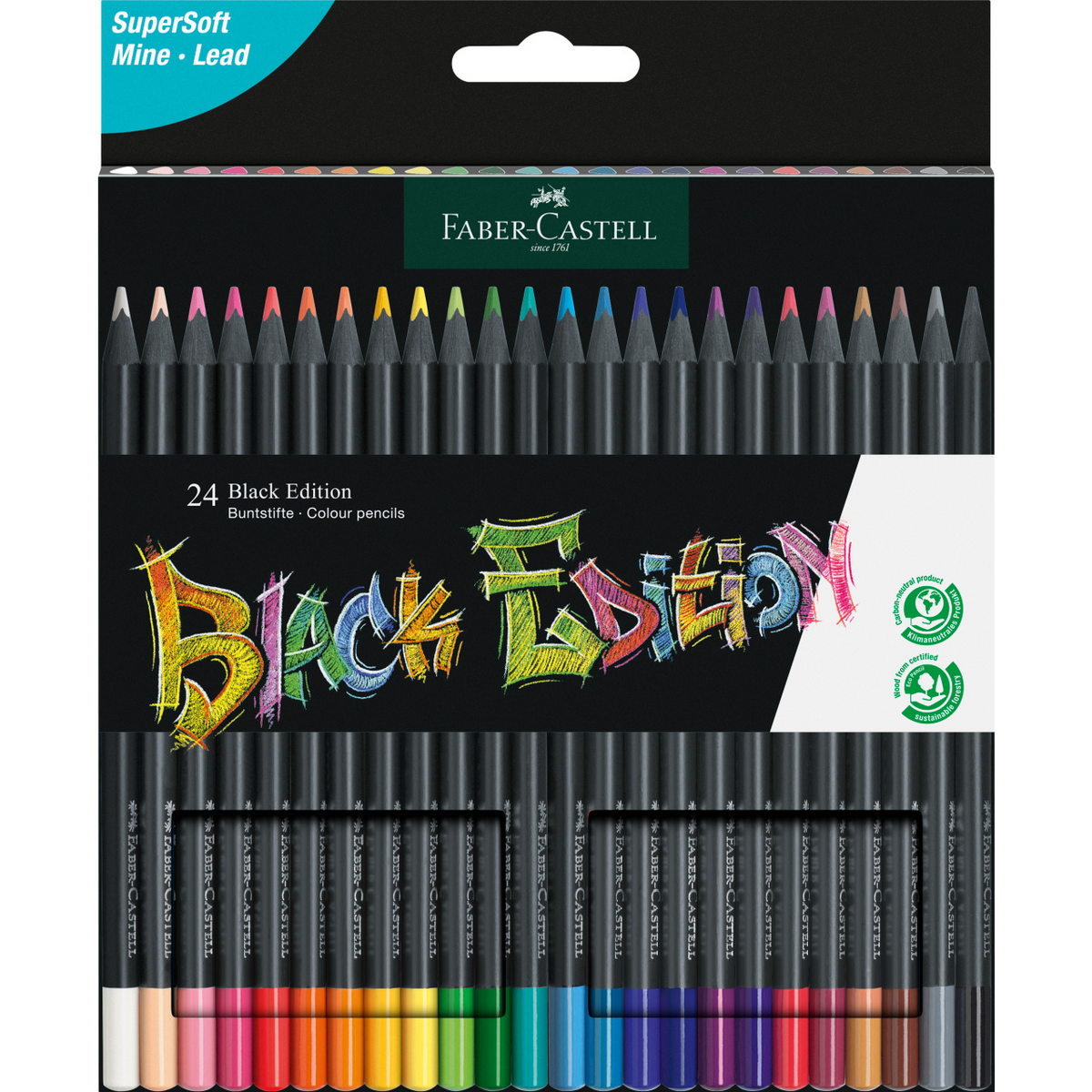 Acuarella - culori acrilice, accesorii papetarie, pensule, carioci si markere etc - Creioane colorate set 24 culori Black Edition Faber-Castell din categoria , excelent pentru proiecte artistice si craft, calitate premium pentru rezultate excelente