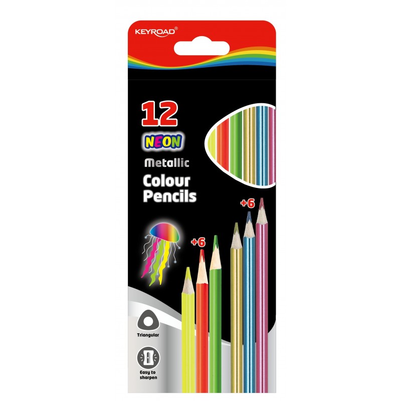 Creioane colorate metal neon Keyroad – set de creioane colorate cu efect metalic și nuanțe neon, ideale pentru desen, colorat și artă. Creioane Keyroad cu pigment intens, mină moale și rezistentă. Creioane colorate pentru școală, hobby, artiști și activități creative. Set de creioane metalice și neon pentru desen artistic.