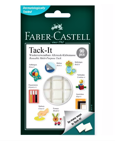 Faber-Castell Tack-It – adeziv reutilizabil și repoziționabil pentru birou, școală și hobby. Ideal pentru fixarea temporară a posterelor, notițelor, decorațiunilor sau obiectelor ușoare. Alternativă curată la pioneze și bandă adezivă. Tack-It Faber-Castell pentru papetărie, artă și proiecte creative.