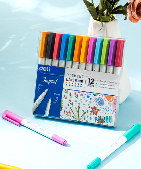 Liner pigment 2 capete 0.5/1 mm set 12 culori Inspira Deli