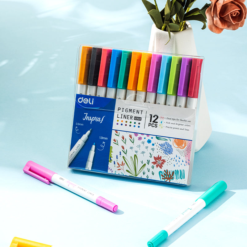 Liner pigment 2 capete 0.5/1 mm set 12 culori Inspira Deli