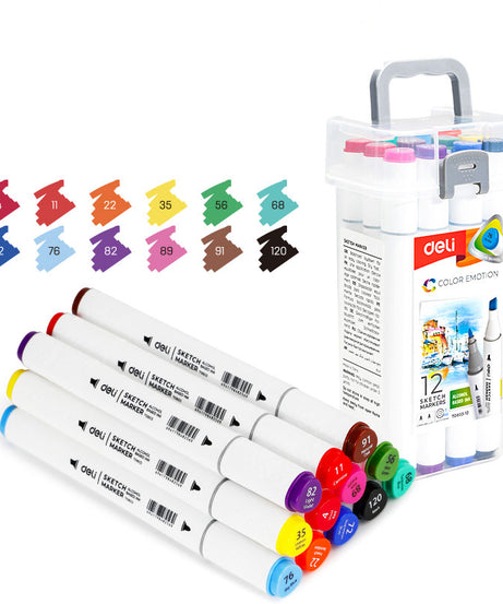 Markere sketching set de 12 bucati cu varf dublu 1mm/7mm Deli