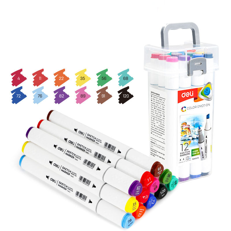 Markere sketching set de 12 bucati cu varf dublu 1mm/7mm Deli