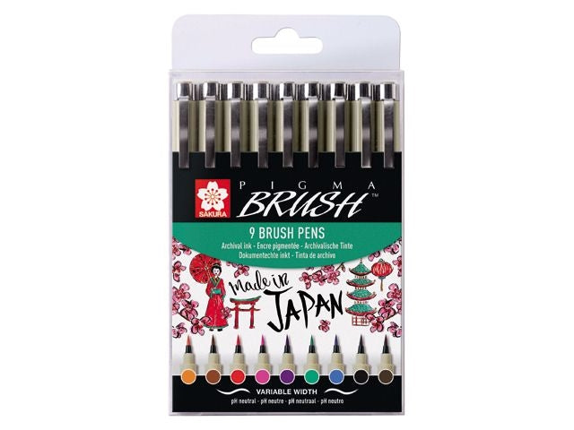 Acuarella - culori acrilice, accesorii papetarie, pensule, carioci si markere etc - Set 9 markere cu varf flexibil Sakura Pigma Brush din categoria Arts & Entertainment > Hobbies & Creative Arts > Arts & Crafts > Art & Crafting Materials > Craft Paint, Ink & Glaze > Art Ink > Drawing Ink, ideal pentru scoala si teme zilnice, pret avantajos in magazin online