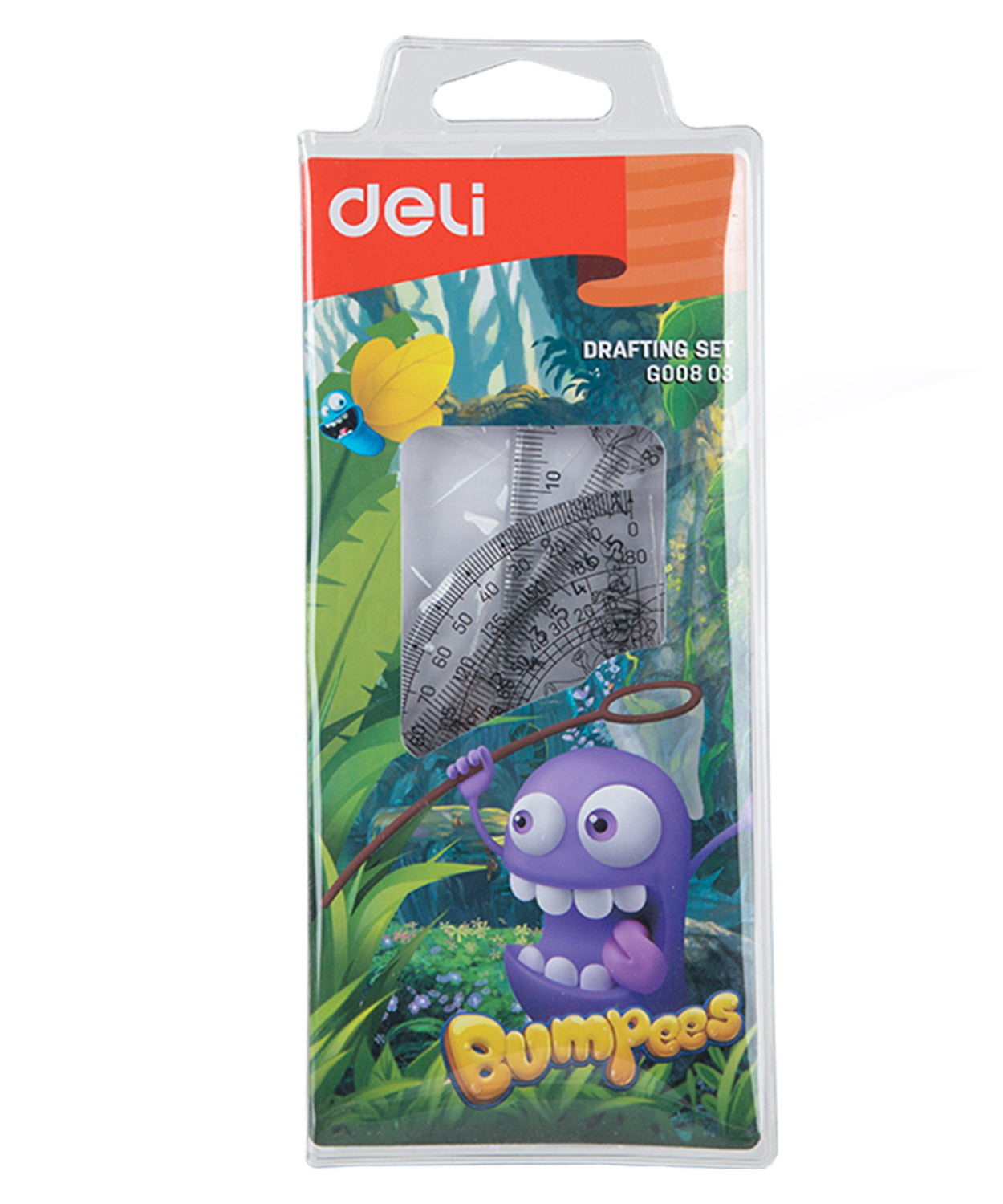 Set geometrie 4 piese transparente cu rigla de 15cm Bumpees Deli