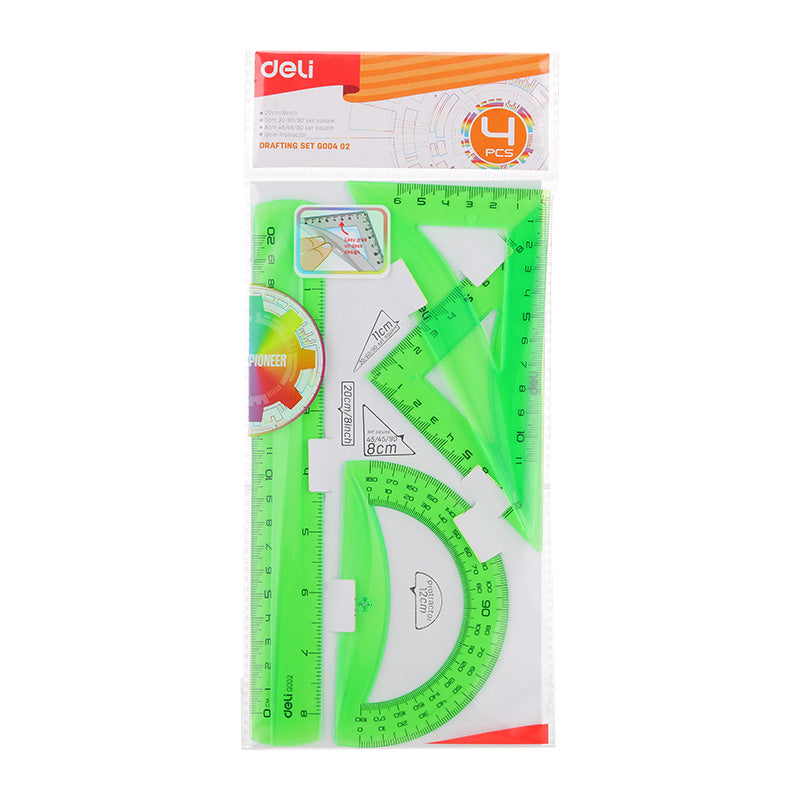 Set geometrie Deli, 4 piese colorate fluorescente – riglă de 15 cm, două echere și raportor de 10 cm. Realizat din plastic rezistent la zgârieturi, ideal pentru școală și desen geometric precis. Accesoriu educațional colorat pentru elevi și activități de papetărie.