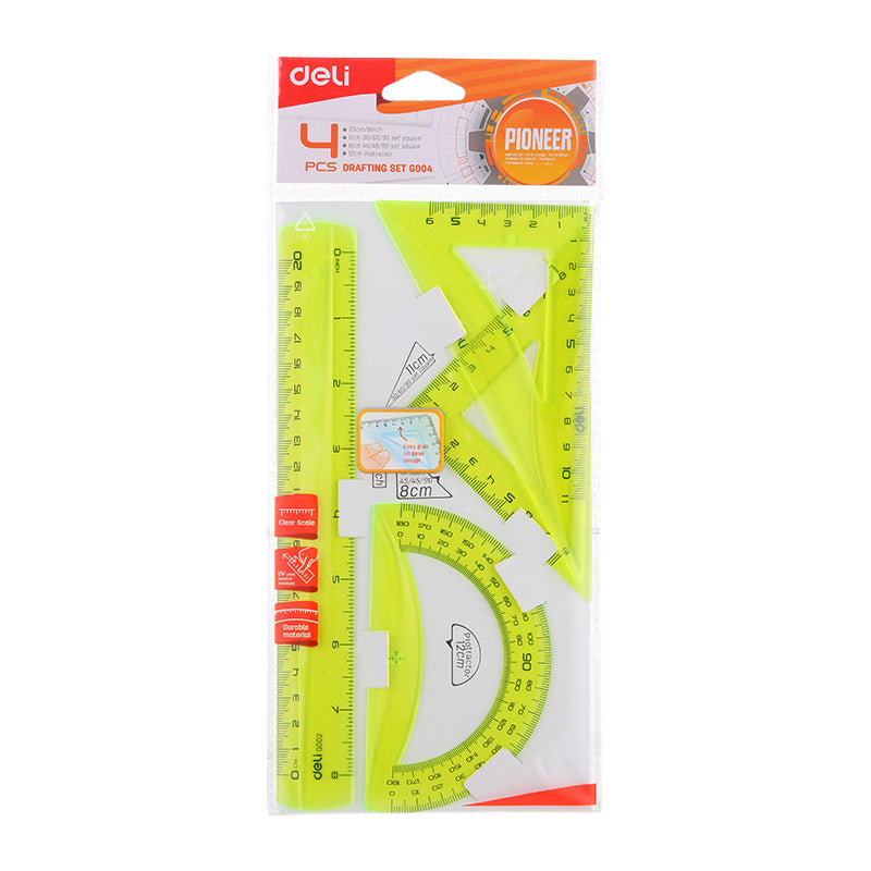 Set Geometrie Deli 4 piese – culori fluorescente, include riglă de 15 cm, două echere și raportor. Realizat din plastic transparent și rezistent, ideal pentru școală, birou și desen geometric precis. Set educațional colorat, perfect pentru elevi, proiecte și activități de papetărie.
