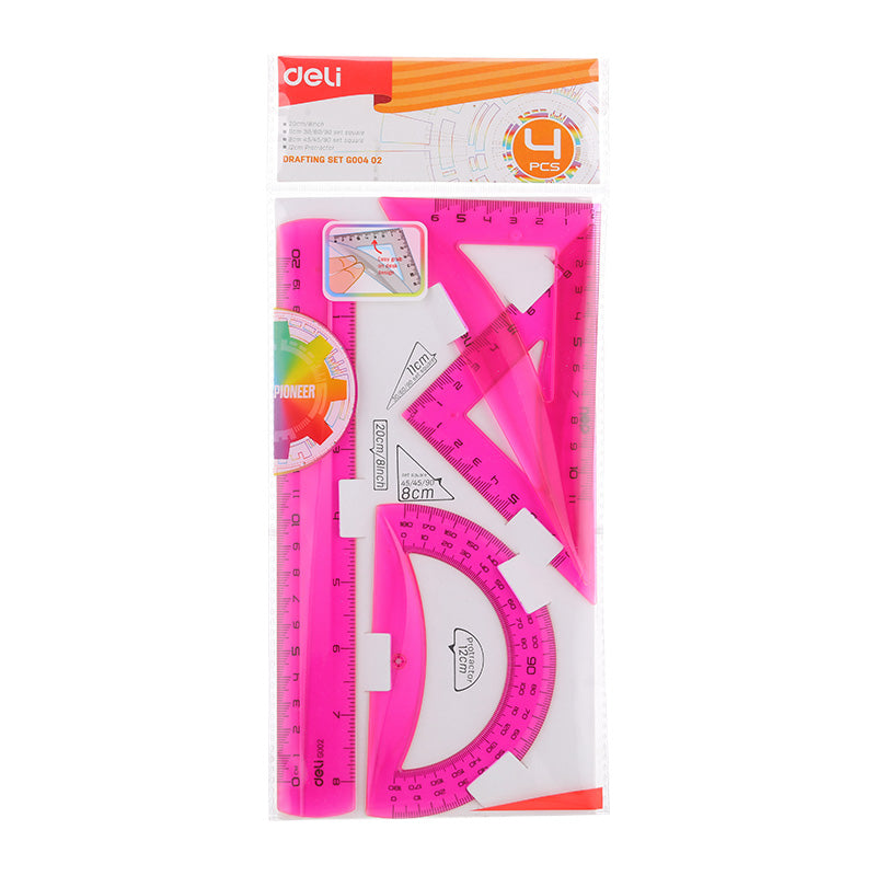 Set Geometrie Deli 4 piese roz – culori fluorescente, riglă de 15 cm, două echere și raportor. Realizat din plastic transparent și durabil, ideal pentru școală, birou și desen geometric. Set educațional în nuanță roz vibrant, perfect pentru elevi și activități de papetărie colorate.