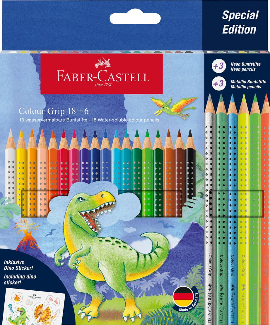 Creioane colorate 18+6 culori grip dinozauri Faber-Castell