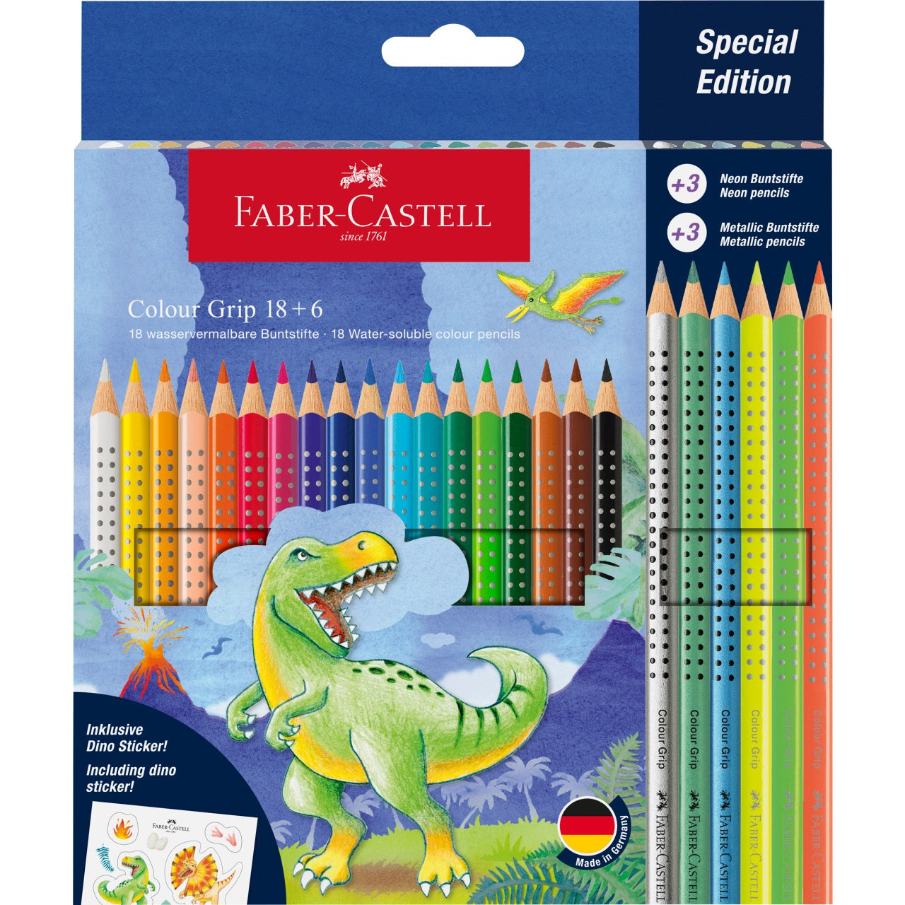 Creioane colorate 18+6 culori grip dinozauri Faber-Castell