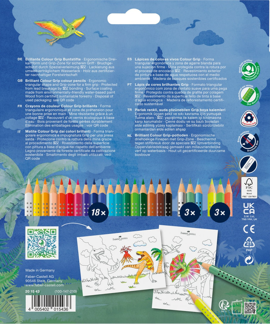 Creioane colorate 18+6 culori grip dinozauri Faber-Castell