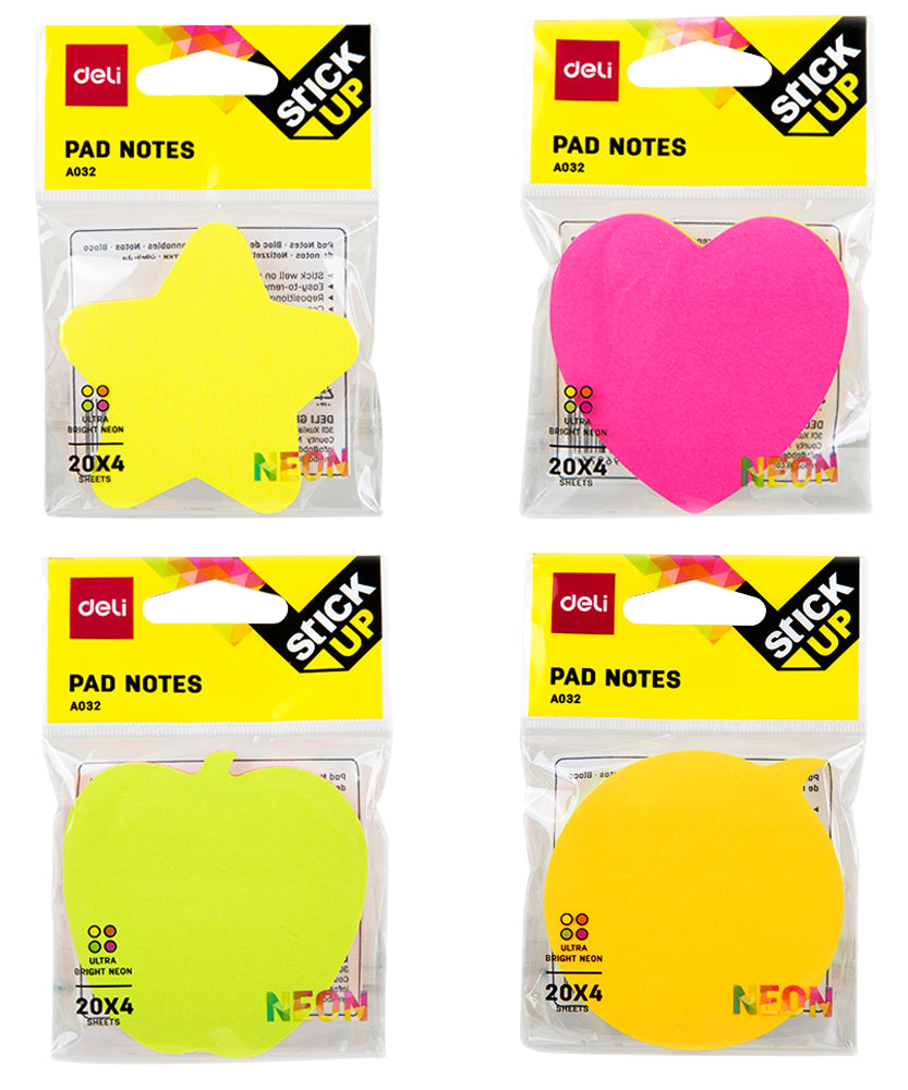Notes adeziv Deli 76 x 76 mm – diverse forme și culori neon, 100 file