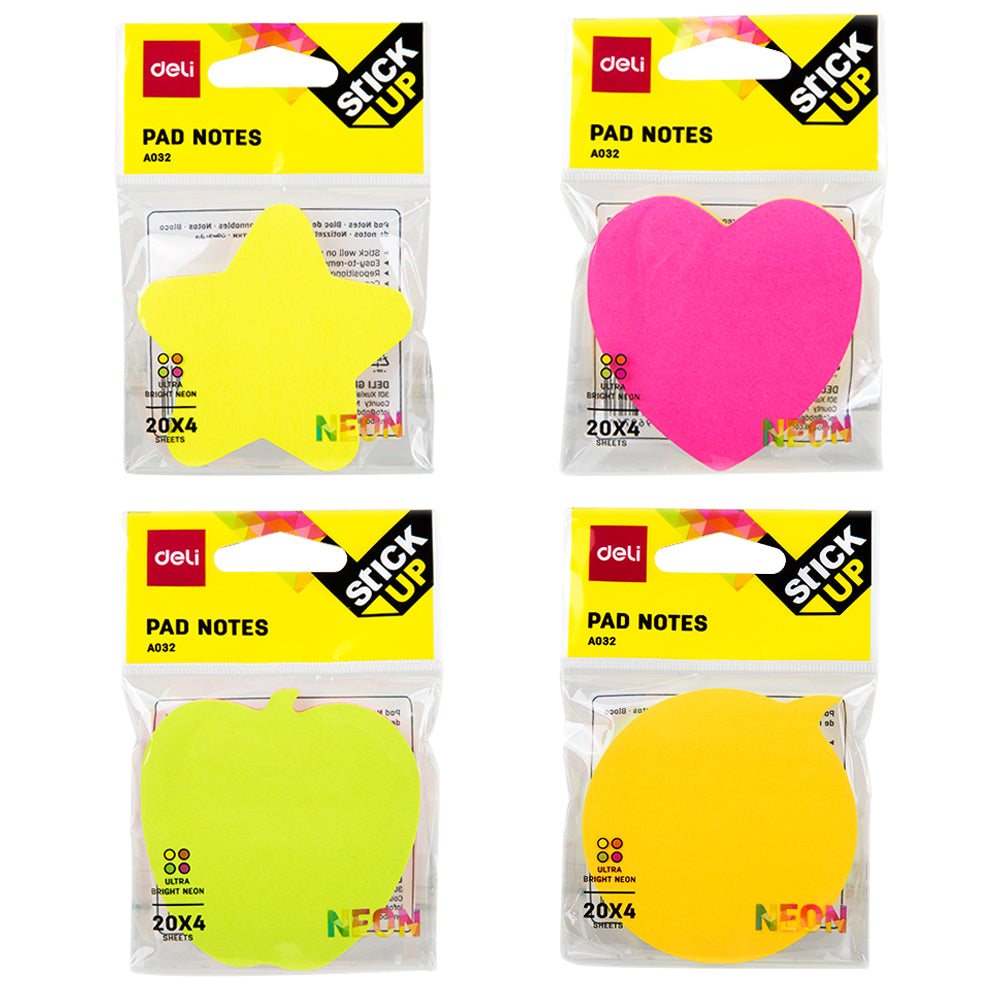 Notes adeziv Deli 76 x 76 mm – diverse forme și culori neon, 100 file