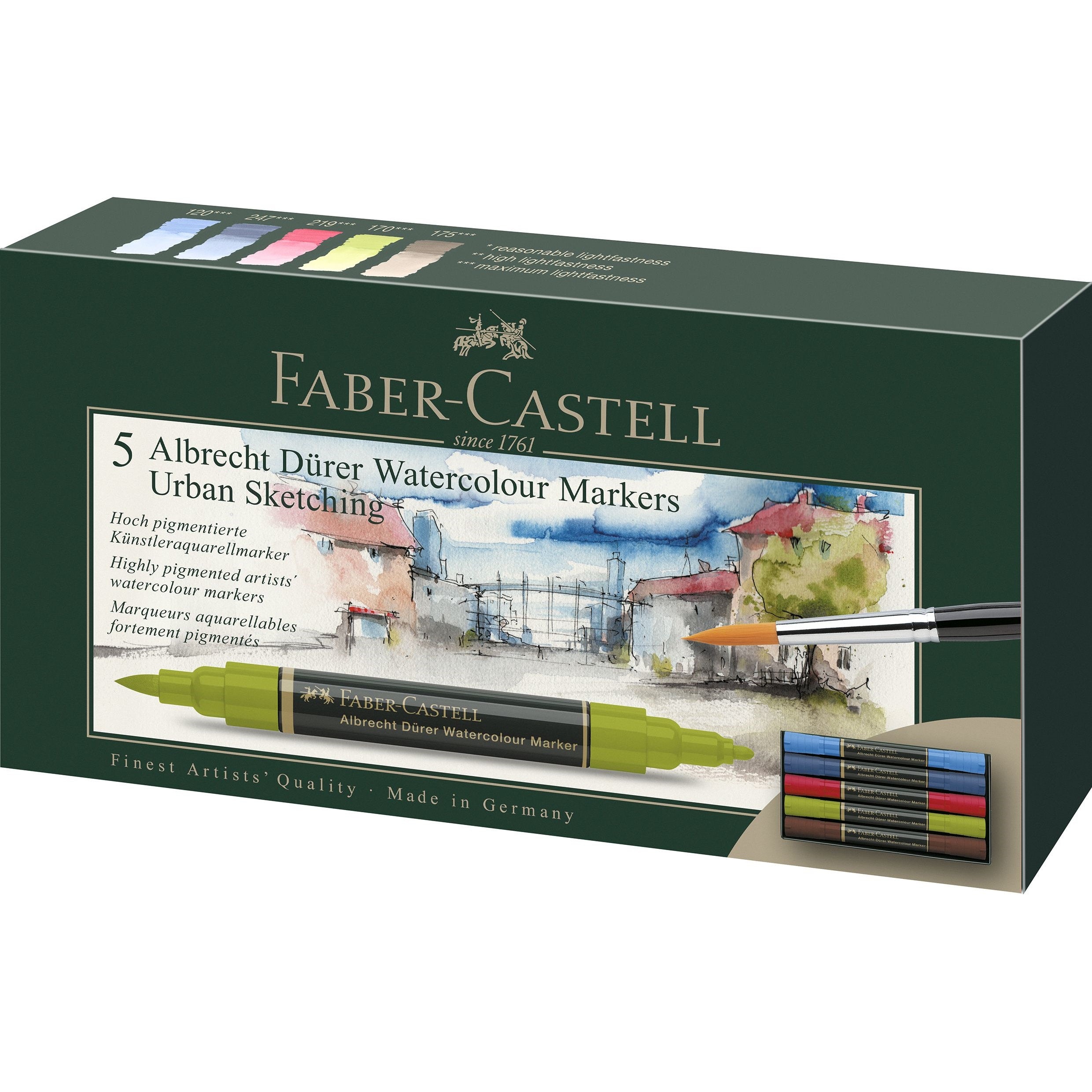 Markere acuarelabile cu varf tip pensula set 5 culori sketching A. Durer Faber-Castell