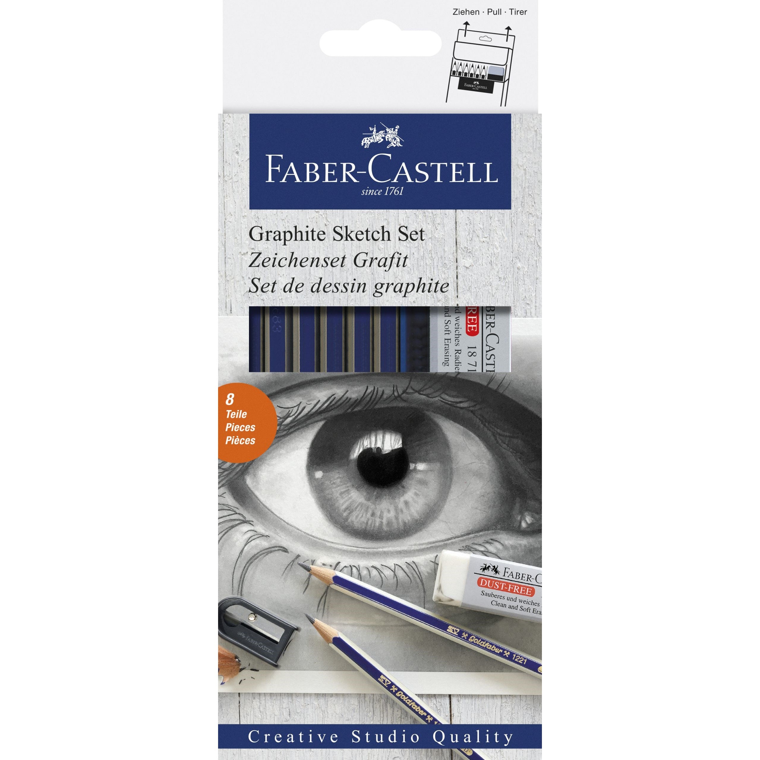 Set 6 creioane grafit sketching Goldfaber + radiera + ascutitoare Faber-Castell