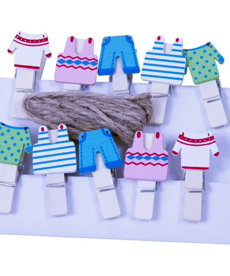 ACCESORII CREATIE LEMN CARLIG NATUR CU HAINUTE 10 BUC