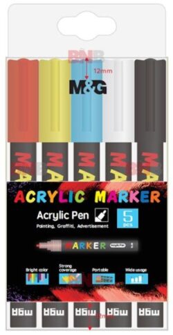 Acuarella - culori acrilice, accesorii papetarie, pensule, carioci si markere etc - 5 markere acrilice M&G din categoria , potrivit pentru uz profesional si hobby, alegere inspirata pentru papetarie moderna