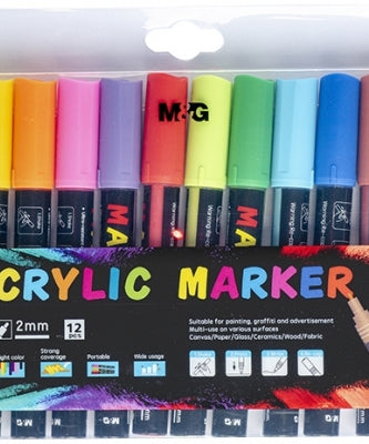 Acuarella - culori acrilice, accesorii papetarie, pensule, carioci si markere etc - 12 markere acrilice M&G din categoria , excelent pentru proiecte artistice si craft, produs original disponibil din stoc