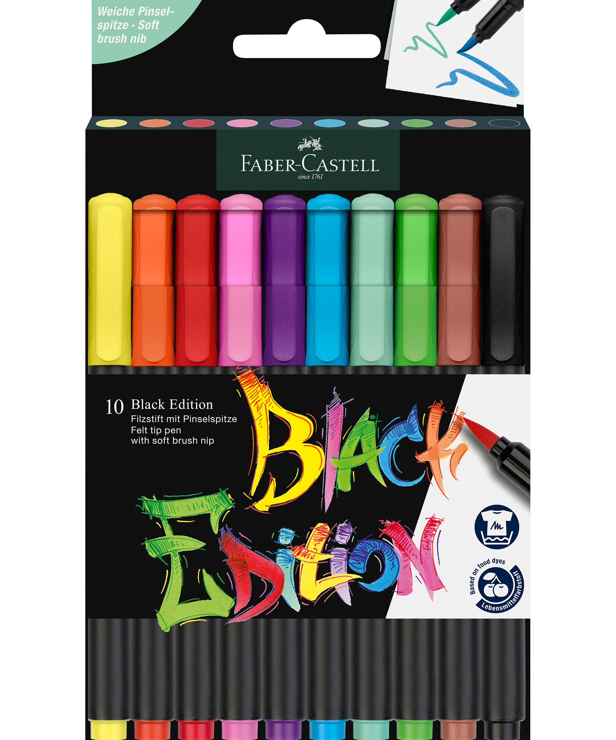 Acuarella - culori acrilice, accesorii papetarie, pensule, carioci si markere etc - Brush pens set 10 culori vibrante Black Edition Faber-Castell cu varf moale din categoria Office Supplies > Office Instruments > Writing & Drawing Instruments > Markers & Highlighters, util pentru elevi, studenti si profesori, produs original disponibil din stoc