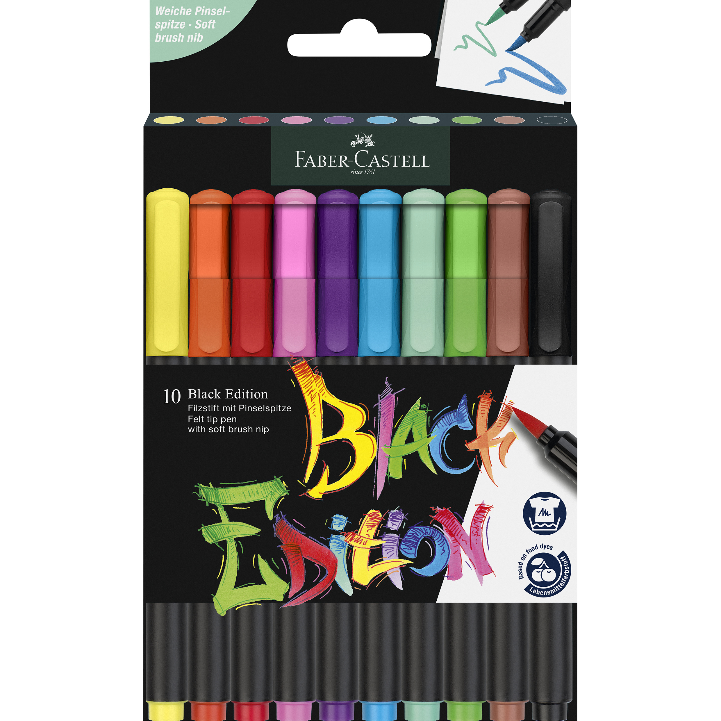 Brush Pens Black Edition Faber-Castell, set de 10 culori profesionale pentru arta si creatie, markere tip pensula pentru desen si pictura, accesorii pentru artisti amatori si profesionisti, culori vibrante si rezistente, materiale de arta de calitate pentru hobby si proiecte DIY, tehnici de lettering si caligrafie, set complet pentru pictura pe hartie si panza, instrumente precise pentru detalii si umbre, materiale creative Faber-Castell pentru atelier si birou.
