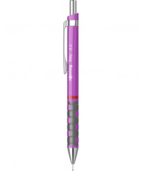 Creion mecanic Rotring Tikky 0.5 Purple Neon, portmină profesional cu design ergonomic și nuanță vibrantă violet neon. Ideal pentru desen tehnic, schițe, note și scris zilnic. Creionul Rotring are grip cauciucat antiderapant, mecanism fiabil și corp rezistent, perfect pentru birou, școală și arhitecți.