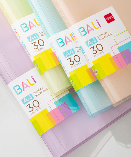 Mapa prezentare Bali Deli cu 30 de folii, copertă rigidă și culori pastel, ideală pentru organizarea documentelor, prezentări profesionale sau proiecte școlare, design elegant și durabil, mapă practică pentru birou, școală sau acasă, organizator de documente de calitate premium.