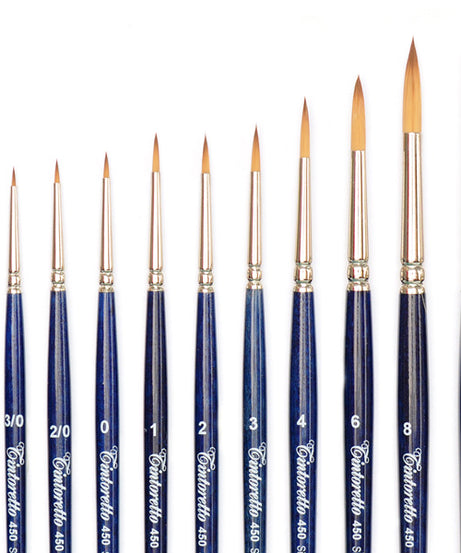 Pensule Tintoretto 450 – pensule profesionale din păr sintetic fin, ideale pentru detalii în acuarelă și acrilic.