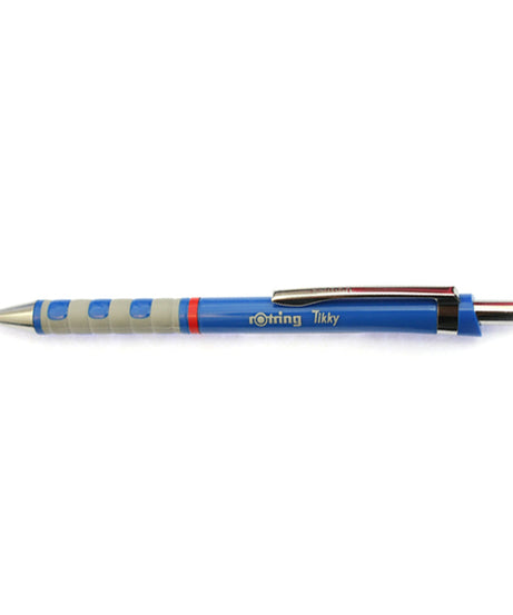 Pix Rotring Tikky albastru – instrument de scris retractabil, ergonomic, cu cerneală albastră și mâner cauciucat confortabil.