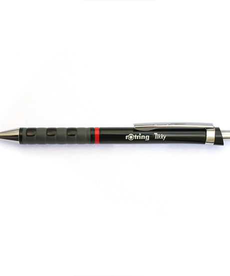 Pix Rotring Tikky negru – instrument de scris retractabil, cu cerneală neagră și mâner cauciucat pentru confort și precizie.