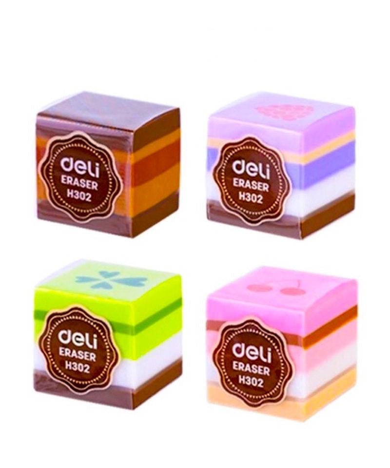 Radieră creion Deli cu motive prăjituri, radieră colorată și parfumată, perfectă pentru copii, școală sau birou. Radieră Deli moale și eficientă, ideală pentru ștergerea creionului precisă și curată, cu design amuzant inspirat din prăjituri.