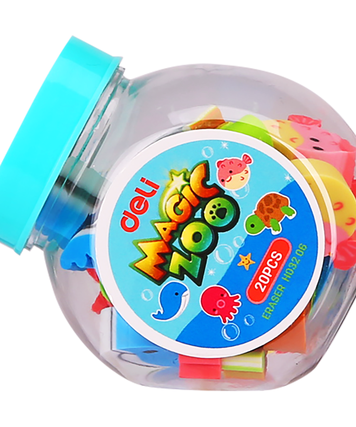 Set 20 radiere Mini Zoo Deli în borcan, radiere colorate pentru creion, modele animale amuzante, ideale pentru școală, birou sau cadouri pentru copii, radieră moale și eficientă pentru ștergerea precisă.