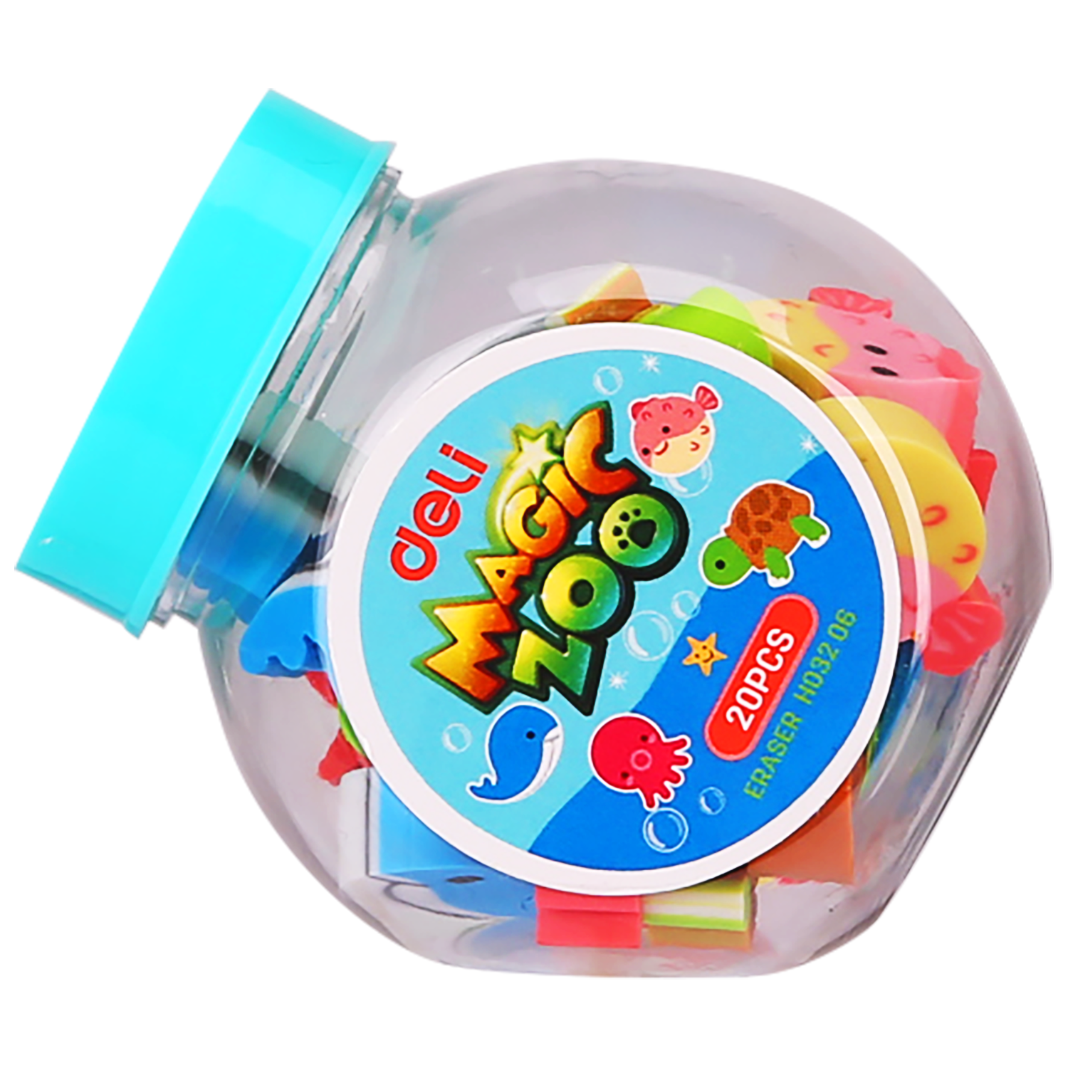 Set 20 radiere Mini Zoo Deli în borcan, radiere colorate pentru creion, modele animale amuzante, ideale pentru școală, birou sau cadouri pentru copii, radieră moale și eficientă pentru ștergerea precisă.