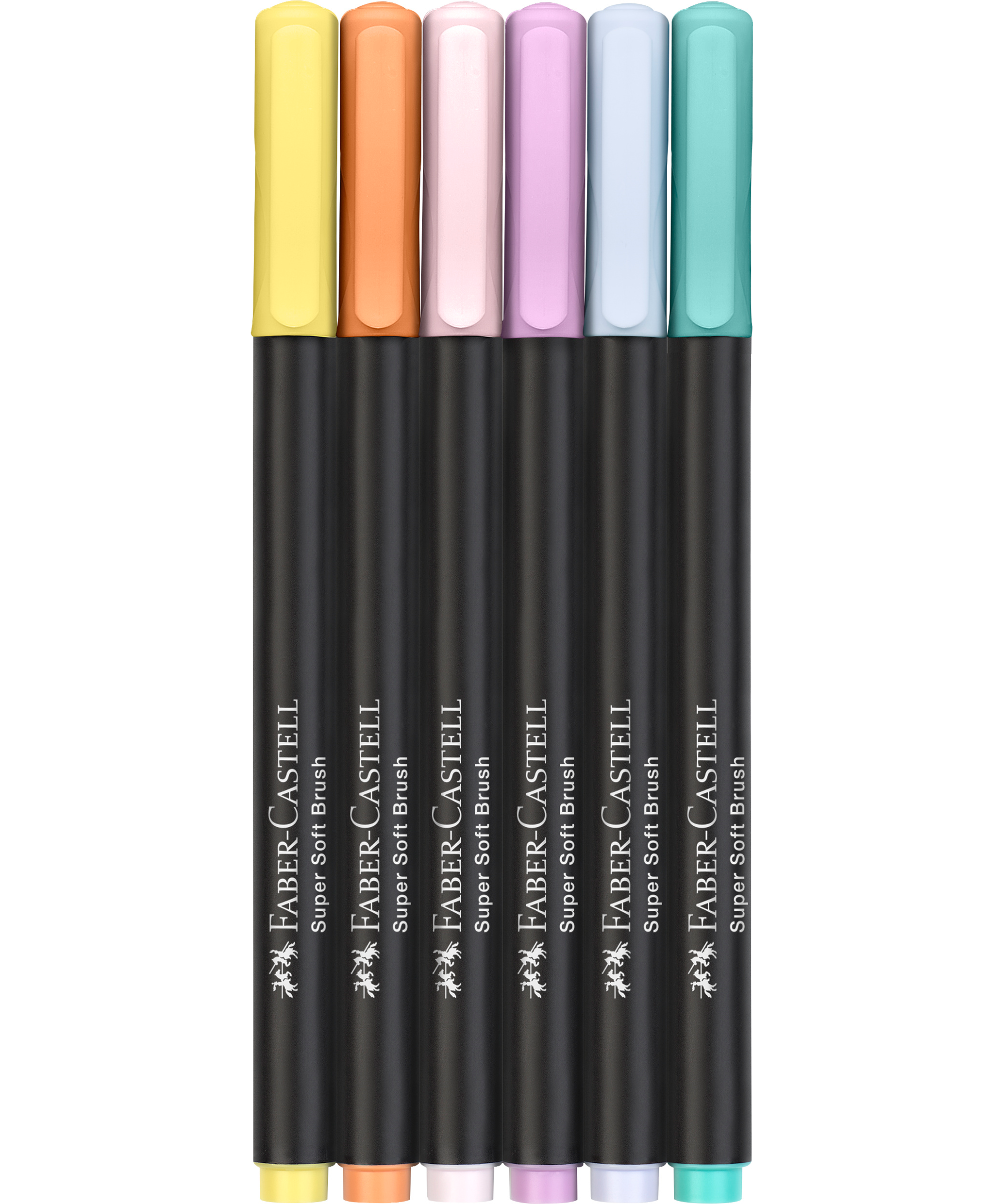 Set 6 brush pens Faber-Castell Black Edition în culori pastel, markere cu vârf pensulă pentru desen artistic, caligrafie, lettering și ilustrație. Brush pens Faber-Castell oferă culori intense, aplicare uniformă și control excelent, ideale pentru artiști, elevi și pasionați de artă.